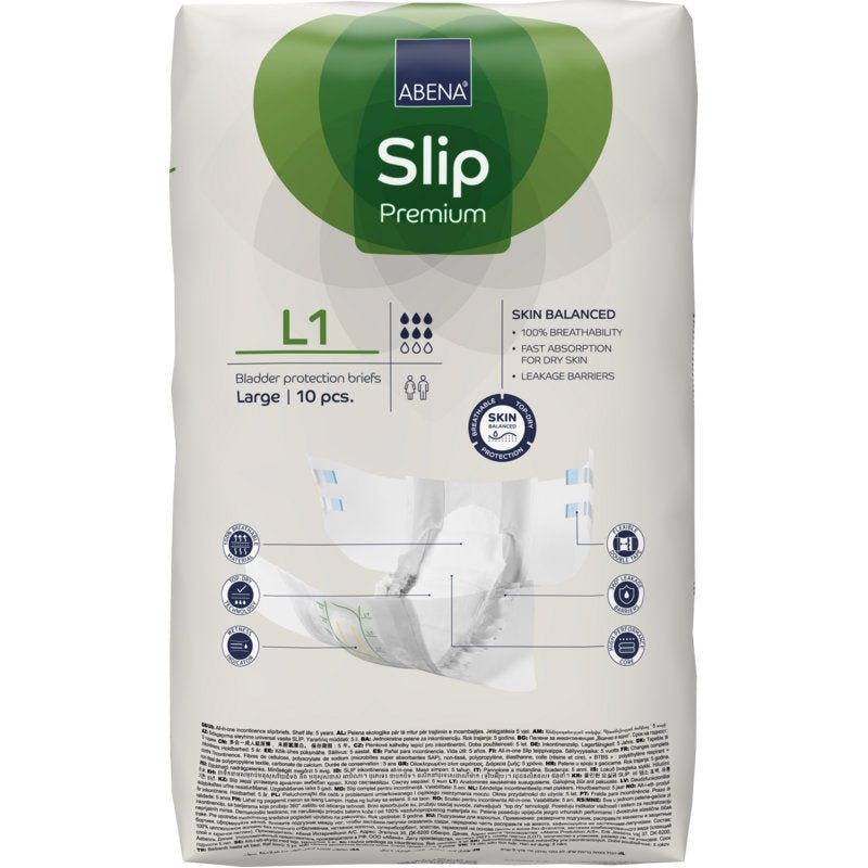 Opakowanie ABENA Slip Premium od Abena Re-Seller GmbH, rozmiar duży, 10 sztuk. Białe opakowanie ma zielone i niebieskie akcenty oraz jasne informacje o produkcie na przedniej stronie.