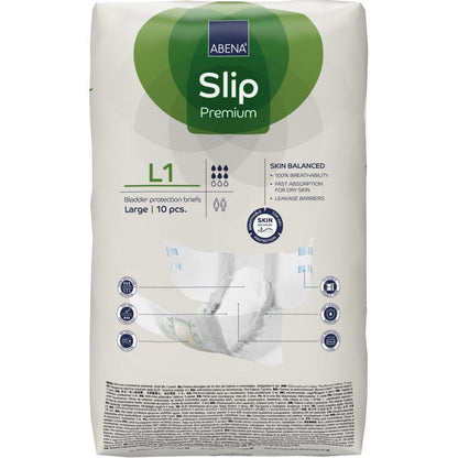 Opakowanie ABENA Slip Premium od Abena Re-Seller GmbH, rozmiar duży, 10 sztuk. Białe opakowanie ma zielone i niebieskie akcenty oraz jasne informacje o produkcie na przedniej stronie.