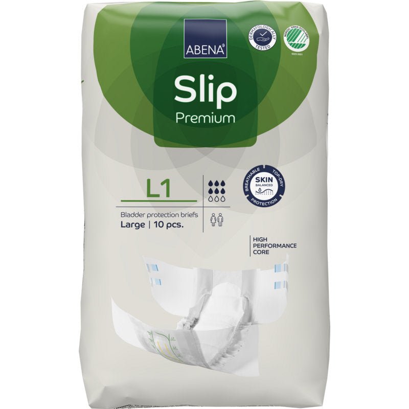 10-częściowe opakowanie ABENA Slip Premium od Abena Re-Seller GmbH, rozmiar L1. Biało-zielone opakowanie podkreśla ochronę skóry i rdzeń wysokiej wydajności dla skutecznej opieki inkontynencyjnej.