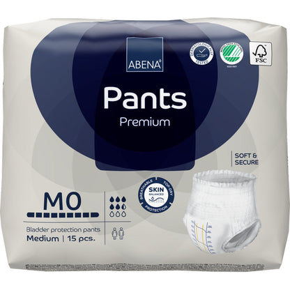 15-pak ABENA Pants Premium M od Abena Re-Seller GmbH charakteryzuje się wysoką chłonnością, właściwościami "miękki i bezpieczny" oraz "przyjazny dla skóry", z symbolami produktu i zrównoważonego rozwoju na opakowaniu.