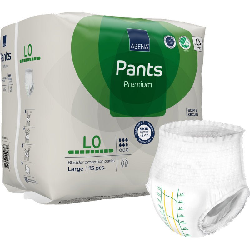 Opakowanie 15 sztuk ABENA Pants Premium L od Abena Re-Seller GmbH, rozmiar Large. Jedna para spodni jest przedstawiona poza opakowaniem. Ma wyraźne oznaczenie rozmiaru i elastyczne otwory na nogi dla skutecznej ochrony przed przeciekaniem.
