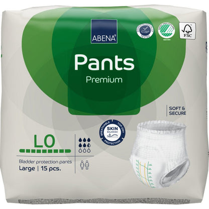 Opakowanie ABENA Pants Premium L od Abena Re-Seller GmbH, rozmiar Large, 15 sztuk, w zielono-białym opakowaniu z symbolami ochrony przed przeciekaniem, wysokiej chłonności, certyfikatów i ochrony skóry.