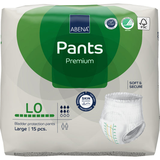 Eine Packung ABENA Pants Premium L von Abena Re-Seller GmbH, Größe large, 15 Stück, in grün-weißer Verpackung mit Symbolen für Auslaufschutz, hohe Saugfähigkeit, Zertifizierungen und Hautschutz.