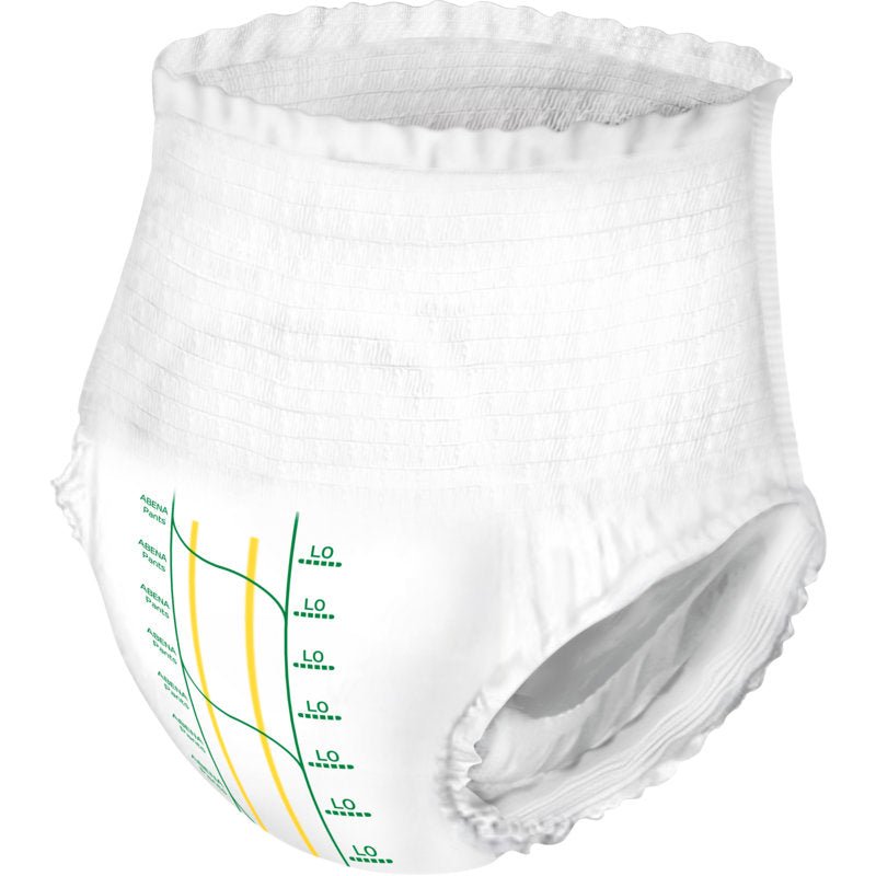 ABENA Pants Premium L od Abena Re-Seller GmbH to białe jednorazowe majtki dla dorosłych z oznaczeniami pomiarowymi i żółtymi liniami dla wilgoci lub dopasowania, zaprojektowane do ochrony przed nietrzymaniem moczu i przeciekaniem, przedstawione na prostym białym tle.