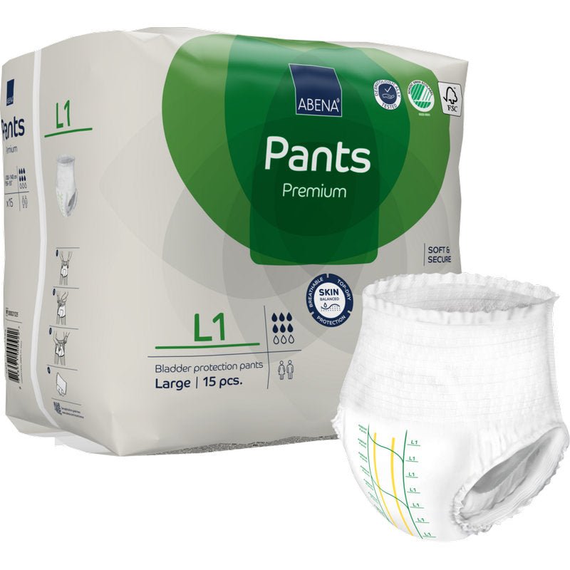 Opakowanie 15 sztuk ABENA Pants Premium L od Abena Re-Seller GmbH oferuje niezawodną ochronę przed przeciekaniem. Biało-zielone opakowanie przedstawia pojedyncze majtki z praktycznymi liniami pomiarowymi z przodu.