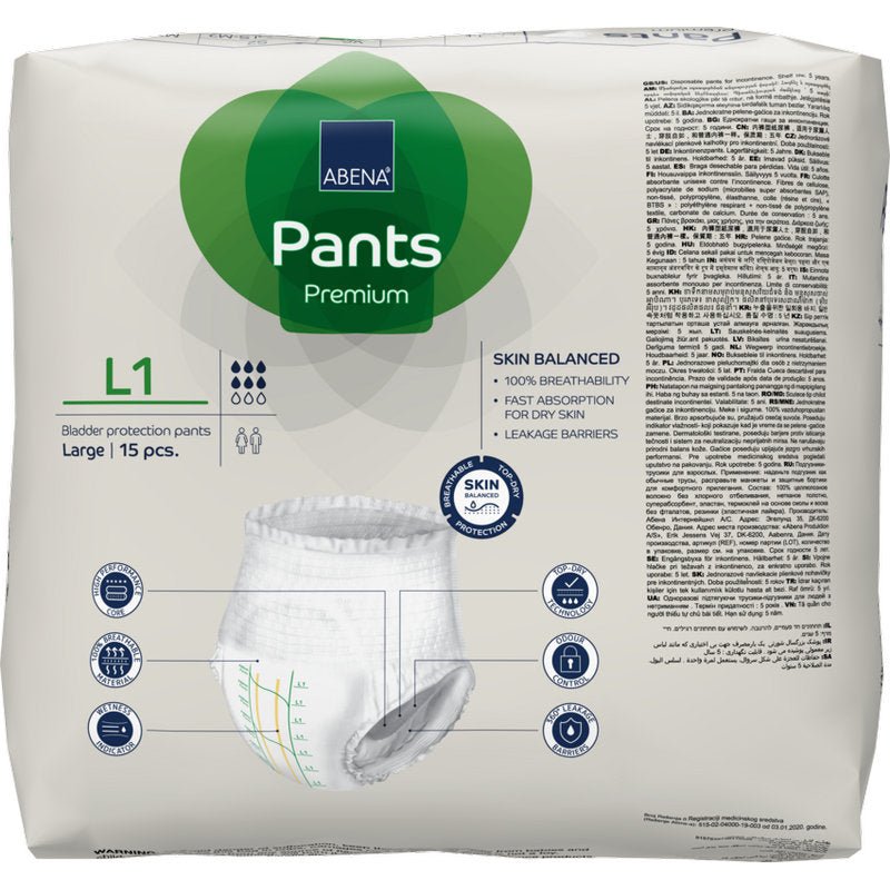 ABENA Pants Premium L od Abena Re-Seller GmbH: opakowanie z 15 majtkami ochronnymi dla dorosłych, rozmiar Large. Cechy to oddychalność, szybkie wchłanianie i odpowiedniość dla suchej skóry - idealne dla opieki nad nietrzymaniem moczu.