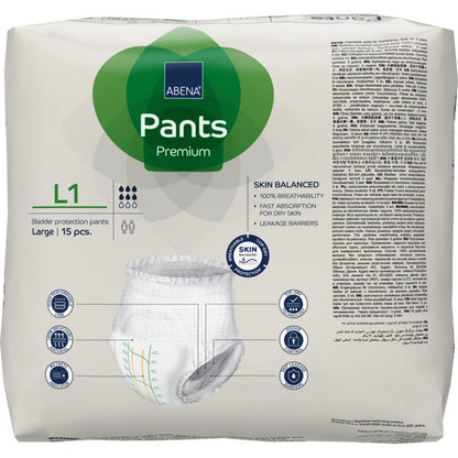 ABENA Pants Premium L od Abena Re-Seller GmbH: opakowanie z 15 majtkami ochronnymi dla dorosłych, rozmiar Large. Cechy to oddychalność, szybkie wchłanianie i odpowiedniość dla suchej skóry - idealne dla opieki nad nietrzymaniem moczu.