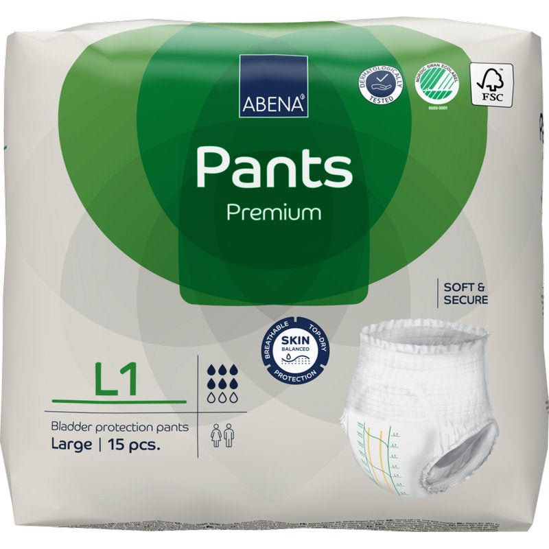 Opakowanie ABENA Pants Premium L od Abena Re-Seller GmbH, rozmiar Large, zawiera 15 majtek ochronnych. Biało-zielone opakowanie nosi napis ochrona przed przeciekaniem i przedstawia obraz majtek ochronnych.