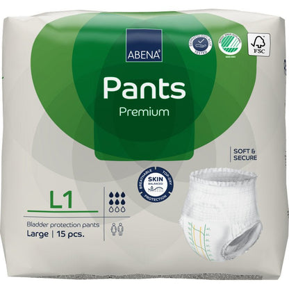 Opakowanie ABENA Pants Premium L od Abena Re-Seller GmbH, rozmiar Large, zawiera 15 majtek ochronnych. Biało-zielone opakowanie nosi napis ochrona przed przeciekaniem i przedstawia obraz majtek ochronnych.