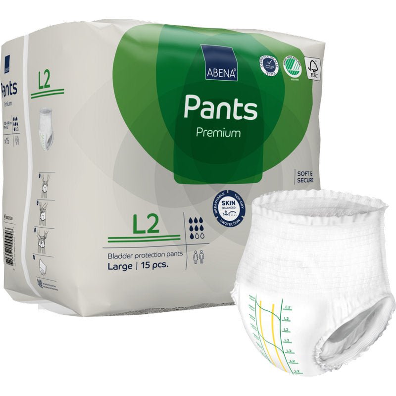 Opakowanie ABENA Pants Premium L od Abena Re-Seller GmbH zawiera 15 majtek ochronnych (rozmiar L2) w białym opakowaniu z zielonymi akcentami, które podkreślają cechy ochrony przed przeciekaniem i pokazują wzór majtek.