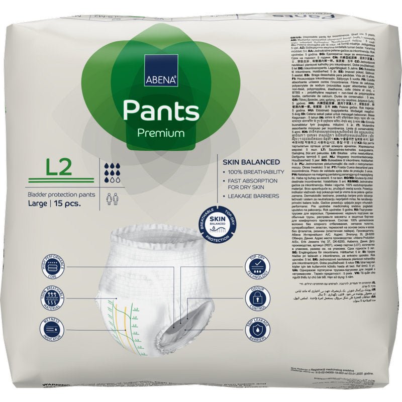 Opakowanie 15 sztuk ABENA Pants Premium L od Abena Re-Seller GmbH, rozmiar Large, w przeważnie białym opakowaniu z zielonymi akcentami, zawiera informacje o ochronie przed przeciekaniem, szczegóły produktu i obraz majtek.