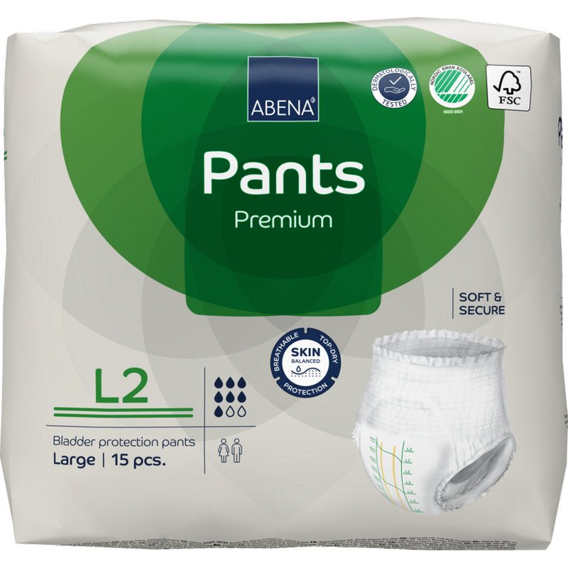 Opakowanie 15 sztuk ABENA Pants Premium L od Abena Re-Seller GmbH, rozmiar Large. Opakowanie zawiera ochronę przed przeciekaniem, certyfikaty i obraz produktu.