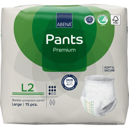 Opakowanie 15 sztuk ABENA Pants Premium L od Abena Re-Seller GmbH, rozmiar Large. Opakowanie zawiera ochronę przed przeciekaniem, certyfikaty i obraz produktu.
