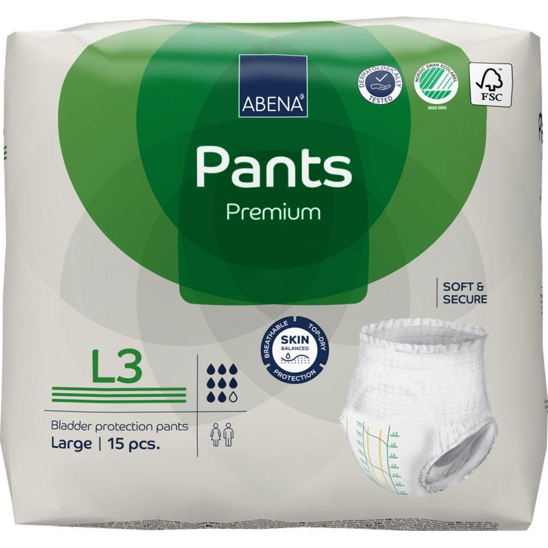 Opakowanie 15 sztuk ABENA Pants Premium L od Abena Re-Seller GmbH w zielono-białym opakowaniu z ochroną przed przeciekaniem, informacjami o produkcie i obrazem majtek na przedniej stronie.
