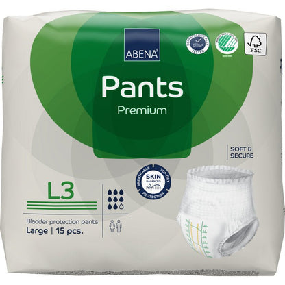 Opakowanie 15 sztuk ABENA Pants Premium L od Abena Re-Seller GmbH w zielono-białym opakowaniu z ochroną przed przeciekaniem, informacjami o produkcie i obrazem majtek na przedniej stronie.