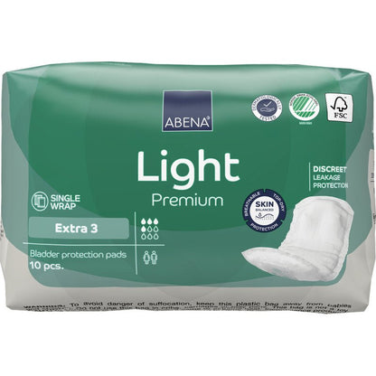 Zielono-białe opakowanie ABENA Light Extra 3, Premium od Abena Re-Seller GmbH zawiera 10 sztuk wkładek ochronnych na pęcherz. Opakowanie pokazuje właściwości i obraz wkładki po prawej stronie dla codziennego komfortu.