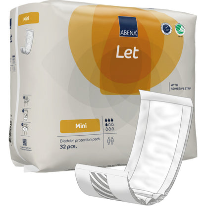 Abgebildet ist eine Packung mit 32 ABENA Let Blasenschutzeinlagen der Abena Re-Seller GmbH mit einer Einlage auf der Vorderseite. Die überwiegend weiße Verpackung weist orange und blaue Akzente auf und ähnelt einer hochwertigen ABENA Let Tasche.