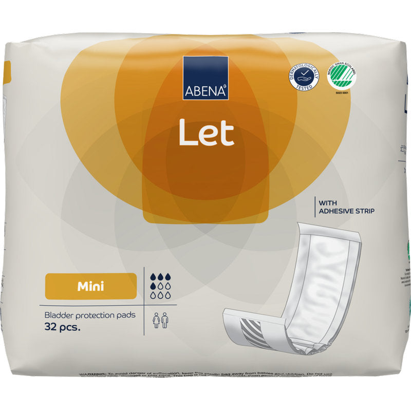 Eine Packung mit 32 ABENA Let Blasenschutzpads der Abena Re-Seller GmbH wird in einem überwiegend weißen Beutel mit orangefarbenen und blauen Akzenten geliefert, auf dem ein Pad mit einem Klebestreifen abgebildet ist.