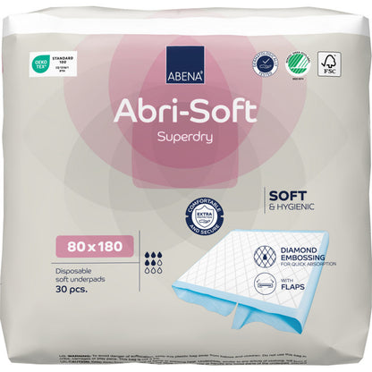 Eine 30er-Packung Abena Re-Seller GmbH Einweg-Unterlage Abri-Soft Superdry 80x180 cm bietet hygienischen, extra saugfähigen Inkontinenzschutz mit weichem Material und Rautenprägung für optimalen Komfort und Absorption.