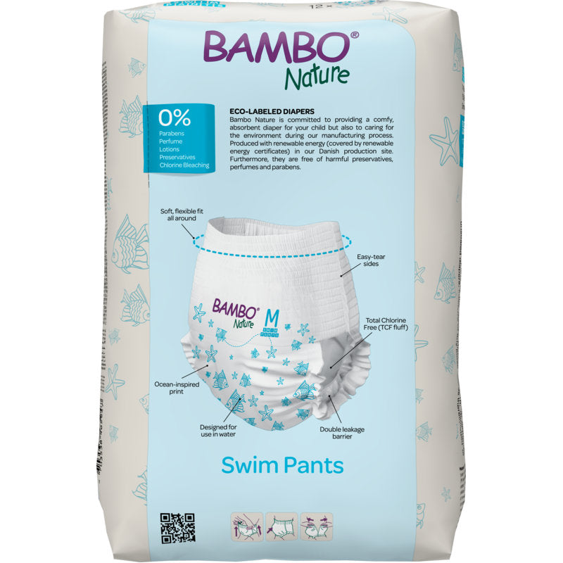 Eine Packung Bambo Nature Schwimmwindel Gr. M (12+ kg, 12 Paar) von Abena Re-Seller GmbH zeichnet sich durch 0% Parfüm & Lotion, Ökolabel-Zertifizierung, schwimmthematische Grafiken und umweltfreundliche Schwimmwindel auf weißer Verpackung aus.