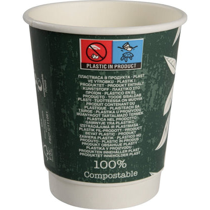 Kubek do kawy z podwójną ścianką Bio "Green Leaves" od Abena Re-Seller GmbH to zielony kubek jednorazowy z materiałów zrównoważonych, oznaczony "Plastik w produkcie", "100% kompostowalny" i idealny dla ekologicznie świadomych miłośników kawy.