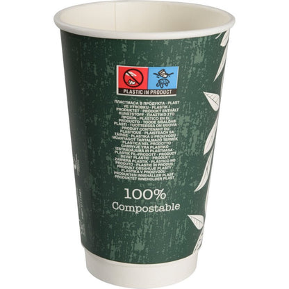 Kubek do kawy z podwójną ścianką Bio "Green Leaves" od Abena Re-Seller GmbH to zielony, ekologiczny kubek z białymi motywami liści, etykietą "100% kompostowalny" i wielojęzycznym ostrzeżeniem o zawartości plastiku.