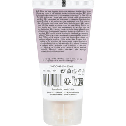 Tył tubki 50 ml Abena Re-Seller GmbH Repair Creme, 100% lanolina, bezzapachowy; z tekstem w różnych językach, informacjami o użytkowaniu i recyklingu, symbolami jakości, kodem kreskowym, kodem partii, składnikami. Wyprodukowano w Danii. Dostępne w kartonie (6 opakowań).