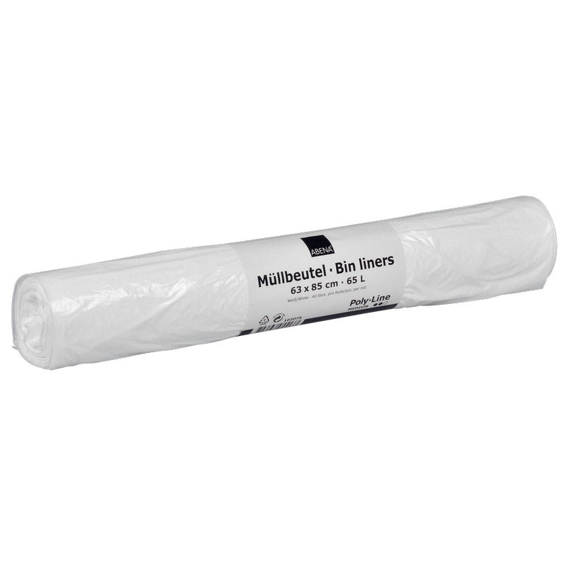 Biała rolka worków na śmieci Abena Re-Seller GmbH 65 L (630x850 mm, 13 my LDPE), nieużywana i mocno zapakowana, zawiera 40 worków na rolkę - idealna do usuwania odpadów.