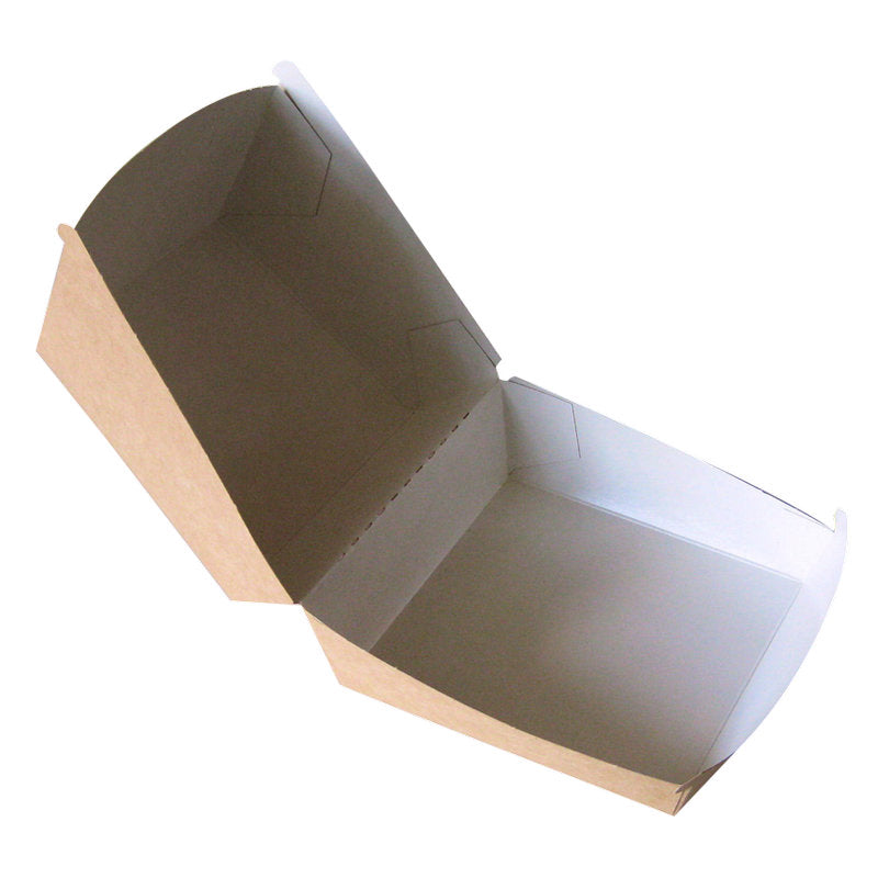 Abena Re-Seller GmbH Burger Box, Kraft, ma brązową zewnętrzną stronę i białe wnętrze z pokrywką na zawiasach. Jest przedstawiona otwarta na białym tle i doskonale nadaje się jako opakowanie na przekąski.