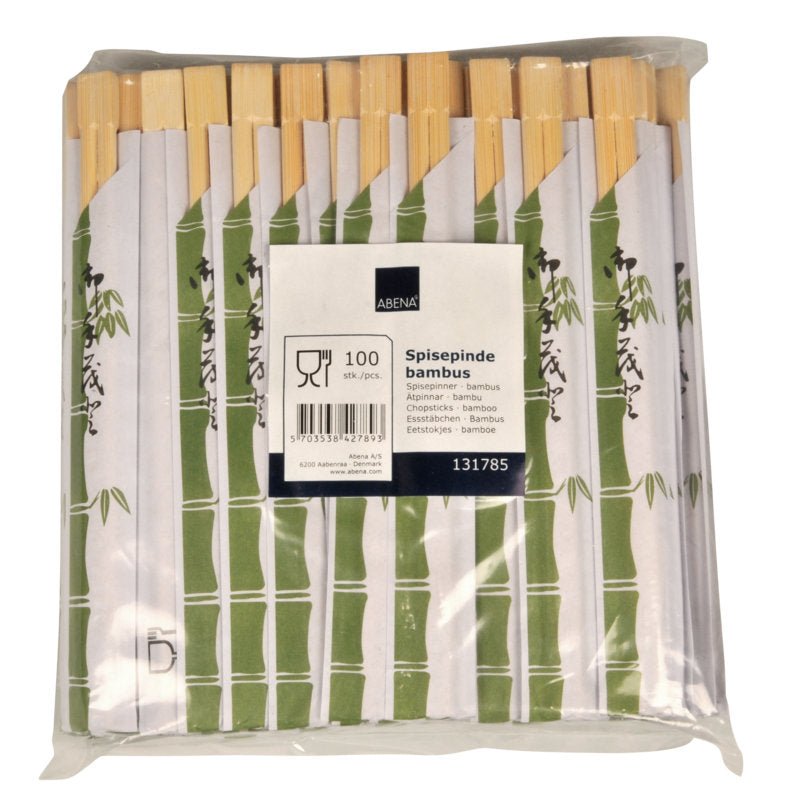 Opakowanie zawierające 100 pałeczek Abena Re-Seller GmbH, bambusowych, pojedynczo zapakowanych w plastik. Każda pałeczka jest owinięta w biały papier z zielonymi motywami bambusa; na przedniej stronie znajduje się naklejka z napisami. Idealne do dań azjatyckich.