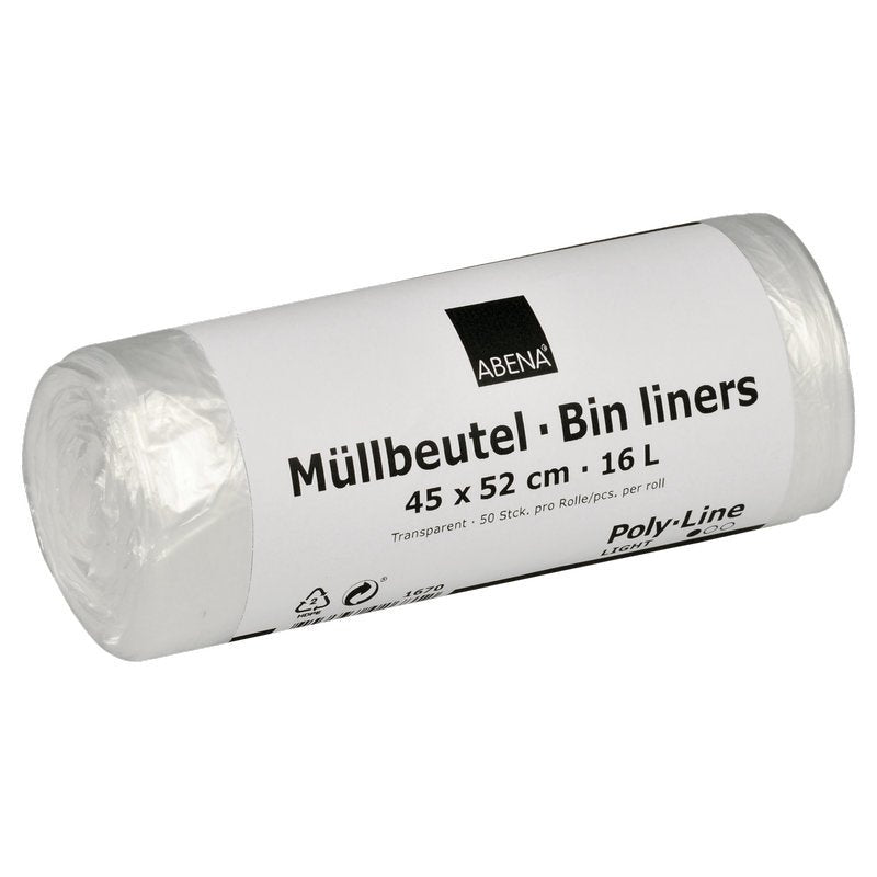 Biała rolka z napisem "Abena Re-Seller GmbH Müllbeutel 16 L, 450x520 mm, 4,5 my HDPE, Transparent" zawiera 50 worków na śmieci na rolkę.