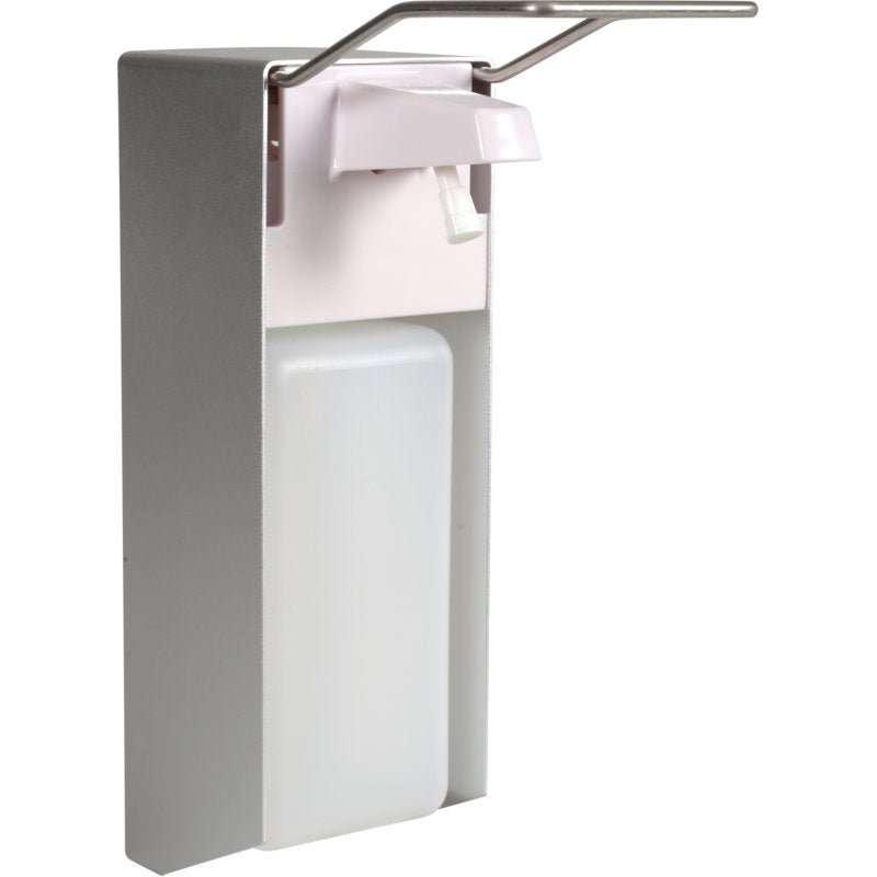 Dozownik łokciowy Abena Re-Seller (1000 ml, aluminium/biały) posiada metalową dźwignię, białą plastikową pompę i prostokątny, przezroczysty pojemnik - idealny do dozowania mydła lub środka dezynfekującego.