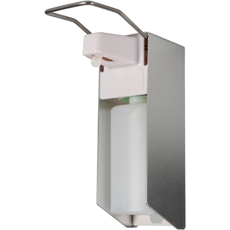 Abena Re-Seller GmbH Armhebelspender AL500A (500 ml, Aluminium/Biały) to montowany na ścianie dozownik z przezroczystym pojemnikiem do uzupełniania i długim metalowym uchwytem do łatwego stosowania mydła lub środka dezynfekującego. Dostarczany w opakowaniu.