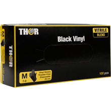 Czarno-żółte pudełko z napisem "Thor Black Vinyl, Vitrile Blend, bezpudrowe" firmy Abena Re-Seller GmbH zawiera 100 średnich, bezpudrowych rękawic jednorazowych. Opakowanie pokazuje mieszankę Vitrile i zawiera informacje o rozmiarach oraz zdjęcia produktu.