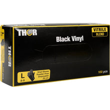 Jedno pudełko Thor Black Vinyl, Vitrile Blend, bezpudrowe rękawice jednorazowe, rozmiar L (8-9), 100 sztuk od Abena Re-Seller GmbH. Czarna skrzynka z żółtymi akcentami pokazuje najważniejsze informacje o rękawicach z przodu.