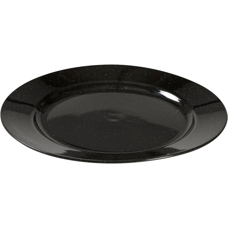 Talerz wielokrotnego użytku Abena Re-Seller GmbH, Czarny charakteryzuje się błyszczącą, czarną powierzchnią z plamkami i okrągłym designem - przyjazna dla środowiska alternatywa dla stylowego nakrycia stołu, przedstawiona na białym tle.