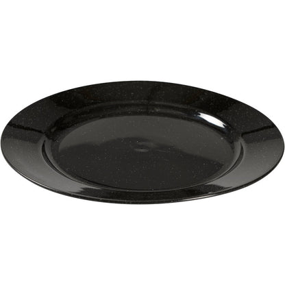 Talerz wielokrotnego użytku Abena Re-Seller GmbH, Czarny charakteryzuje się błyszczącą, czarną powierzchnią z plamkami i okrągłym designem - przyjazna dla środowiska alternatywa dla stylowego nakrycia stołu, przedstawiona na białym tle.
