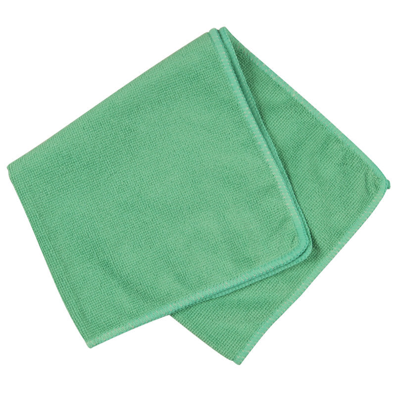 Składana jasnozielona ściereczka z mikrofibry ENA Standard (40x40 cm) firmy Abena Re-Seller GmbH z czysto przeszytymi krawędziami jest prezentowana na białym tle.