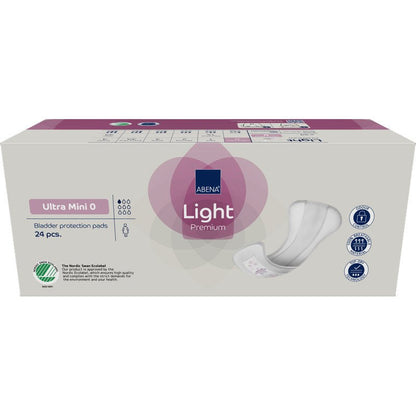Beżowe pudełko z fioletowymi akcentami zawiera 24 podpaski ABENA Light Ultra Mini 0, Premium od Abena Re-Seller GmbH, z ikonami wskazującymi na chłonność i przyjazność dla skóry.
