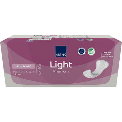 Prostokątne pudełko ABENA Light Ultra Mini 0, Premium od Abena Re-Seller GmbH (24 sztuki) jest ozdobione fioletowym wzorem, zdjęciem produktu i ikonami podkreślającymi dyskretną ochronę dla użytkowniczek podpasek.