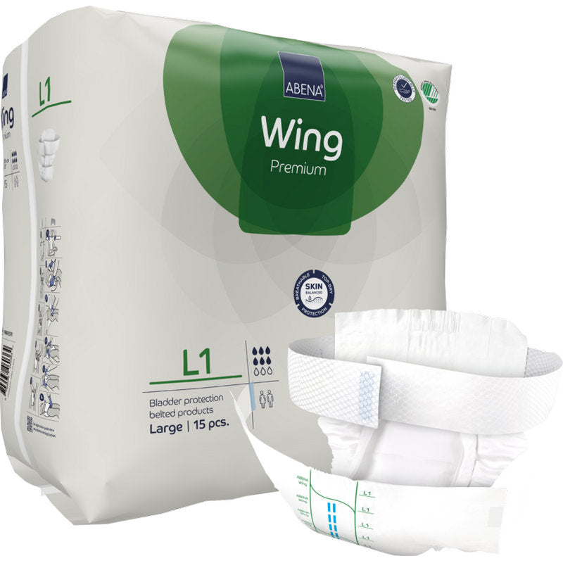 Abgebildet ist eine Packung ABENA Wing Premium von Abena Re-Seller GmbH (Large, 15 Stück). Ein Slip ist vorne abgebildet, um sein Design für Schutz und Komfort zu betonen.