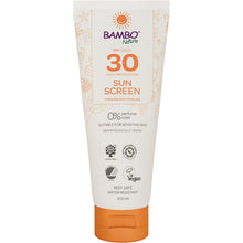 Tuba 200 ml kremu przeciwsłonecznego Bambo Nature SPF30 od Abena Re-Seller GmbH - bezbarwna i bezzapachowa, wysoka ochrona dla wrażliwej skóry, testowana dermatologicznie, wegańska, bezpieczna dla raf koralowych i wodoodporna. Sprzedawana w kartonach po 6 sztuk.