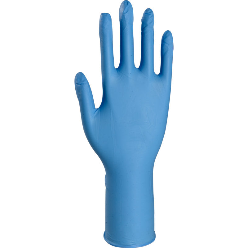 Ein einzelner blauer Thor High Risk Nitril-Handschuh, Blau, 30 cm von Abena Re-Seller GmbH ist aufrecht mit ausgestreckten und leicht gespreizten Fingern dargestellt und bietet Chemikalienschutz vor einem schlichten weißen Hintergrund.
