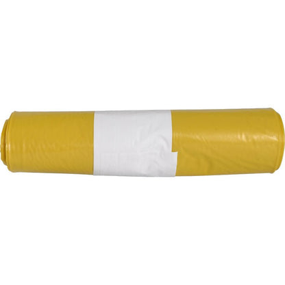 Rolka żółtych worków na śmieci dla Sækkko Boy 60 (55 my LDPE Recycled) od Abena Re-Seller GmbH, z białą etykietą w środku, leży poziomo na jednolitym białym tle.