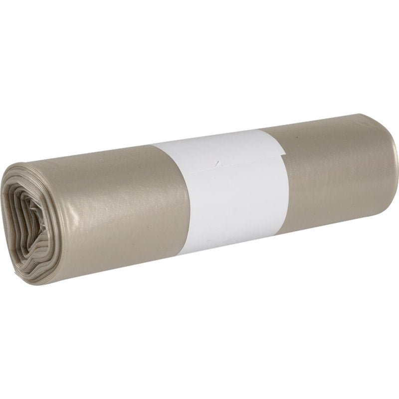 Zwitek jasnoszarych worków na śmieci dla Sækkko Boy 60 (55 my LDPE Recycled) od Abena Re-Seller GmbH, z prostą białą etykietą w środku, przedstawiony na białym tle.