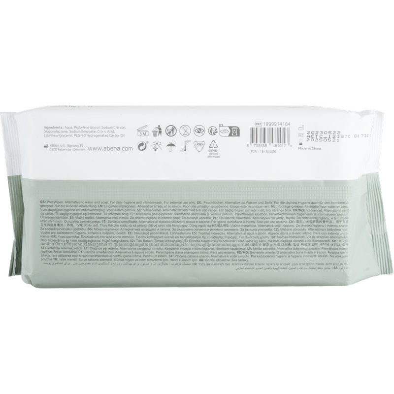 Prostokątne białe chusteczki pielęgnacyjne Abena Re-Seller GmbH (80 sztuk, z pokrywką, 20x27 cm) są przedstawione od tyłu i pokazują kod kreskowy, informacje o produkcie w kilku językach, symbole i abena.com.