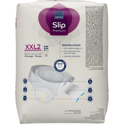 Opakowanie 10 sztuk ABENA Slip Premium ochronnych slipów pęcherza firmy Abena Re-Seller GmbH, rozmiar XXL2, oferuje równowagę skórną i barierę przeciw wyciekowi - idealne dla niezawodnej opieki inkontynencyjnej.