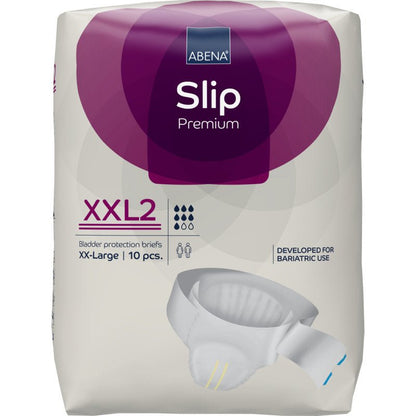 Opakowanie 10 sztuk ABENA Slip Premium firmy Abena Re-Seller GmbH, rozmiar XXL2, dla potrzeb ponadwymiarowych lub bariatrycznych; opakowanie pokazuje obraz slipu i podkreśla jego przydatność dla dużych rozmiarów.