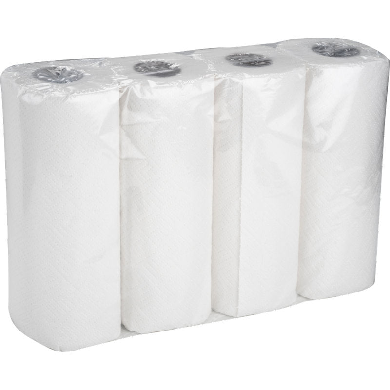 Karton firmy Abena Re-Seller GmbH zawiera 8 opakowań ręczników kuchennych, z których każde zawiera cztery 2-warstwowe białe rolki (26 cm x 14 m), chłonne i zapakowane w przezroczystą folię.