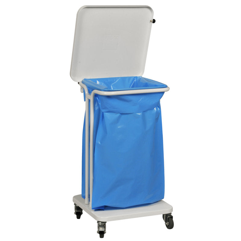 A Sækko Boy 40 Abfallbehälter, Mit Deckel in Weiß von Abena Re-Seller GmbH steht auf vier Rollen und enthält einen großen blauen Kunststoff-Innensack.